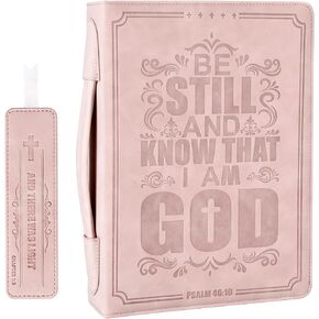 Large PU Leather Bible Cover with Bookmark, Book Bible Carrying Case with Soft Handle, Compact Protective Church Bible Bag for Women, Girls- Pink