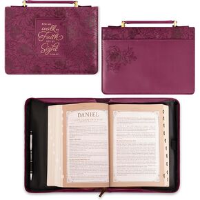 Christian Art Gifts Protective Maroon Floral Faux Leather Bible Cover Carry Case with Handle for Women: Walk by Faith - 2 Corinthians 5:7 Inspirational Bible Verse Zippered with Pocket, Medium