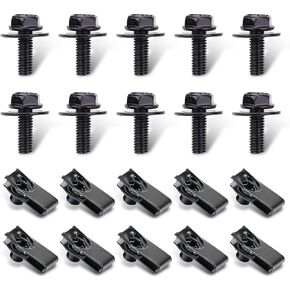 20 PCS Automotive Body Bolt and U-nut Clamp Kit, Hood Guard Spiral, Bumper Fender Liner Push Pull Metal Rust-Resistant U Retainer, Universal for Most Cars Fastening Accessories (Black)
