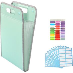 1 Pack Portable A4 Size 13 Pockets Solid Color Vertical Expanding File Folder Accordion File Organizer with Double Snap Button,1sheet 27 Colors Index Stickers and 168pcs White Writable Labels (Green)