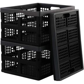 3 Packs 32 L Stacking Collapsible Crate, Folding Storage Basket Bin, Black