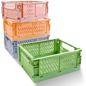 Plastic Folding Baskets, Small Basket Organizer for Desk, Collapsible Crates for Storage, Aesthetic Desktop Storage Bins for Bedroom Living Room Kitchen Bathroom Office, Cute Organizer Gifts, 4Pack