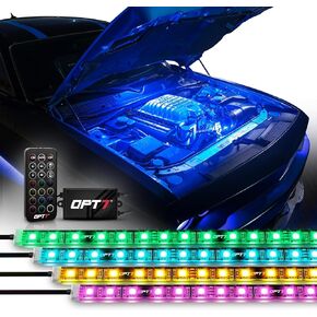 OPT7 Aura Engine Bay RGB LED Lighting Kit with Remote Control, 4 pc 12" Under Hood LED Light Strips, Multi Color Mode, Exterior Neon Ancient Lights for Car Truck RV SUV
