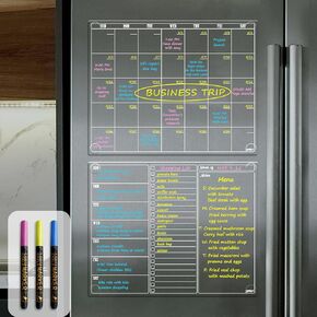 JJPRO Non Magnetic Dry Erase Calendar for Fridge-Reusable Monthly&Weekly Planning Board, List and Blank Board for All Smooth Surfaces. Clear Reusable Board Sticks to Fridge,Wall,Door&Glass