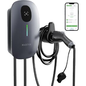 شاحن السيارة الكهربائية MAXOAK - تيار الإخراج قابل للتعديل من 16 أمبير إلى 50 أمبير، المستوى 2، 240 فولت، سلك صلب، معتمد من CSA ونوع NEMA 4، تحكم ذكي في التطبيقات، متوافق مع Tesla وجميع العلامات التجارية EV in Kuwait