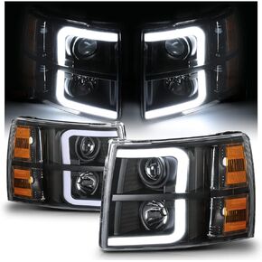 M-AUTO Projector L Tube Bar Headlights Compatible with 07 08 09 10 11 12 13 Chevy Silverado 1500/07-14 Silverado 2500 3500 & HD Models, L+R Pair Head Light Lamp Assembly