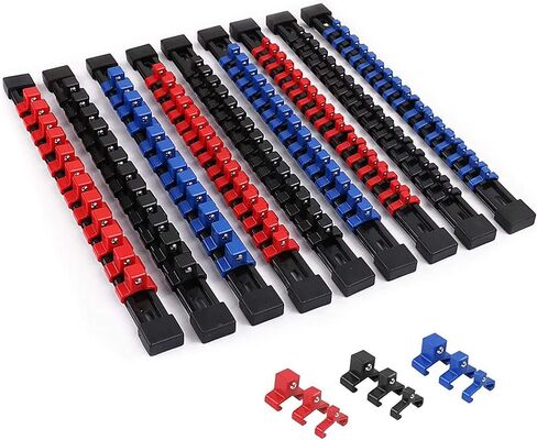 Socket Organizer 9Pcs Socket Holder Kit 1/4 inch, 3/8 inch And 1/2 inch Heavy Duty Socket Racks Premium Quality Socket Clip Rail Holder Tool Organizers (Black, Blue & Red) in Saudi Arabia