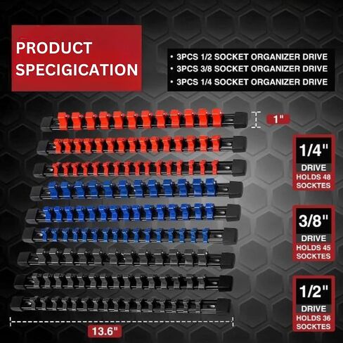 Socket Organizer 9Pcs Socket Holder Kit 1/4 inch, 3/8 inch And 1/2 inch Heavy Duty Socket Racks Premium Quality Socket Clip Rail Holder Tool Organizers (Black, Blue & Red) in Saudi Arabia