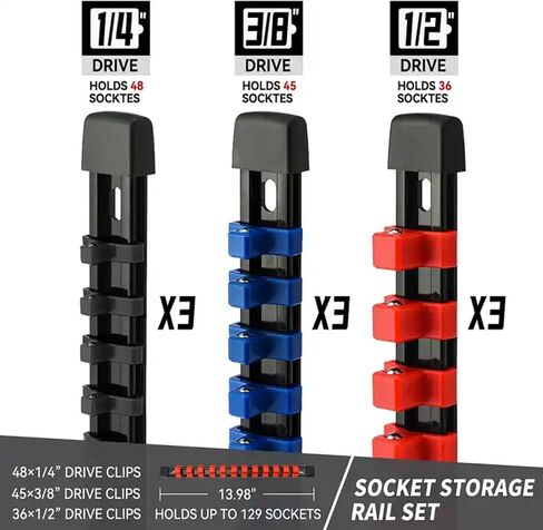 Socket Organizer 9Pcs Socket Holder Kit 1/4 inch, 3/8 inch And 1/2 inch Heavy Duty Socket Racks Premium Quality Socket Clip Rail Holder Tool Organizers (Black, Blue & Red) in Saudi Arabia