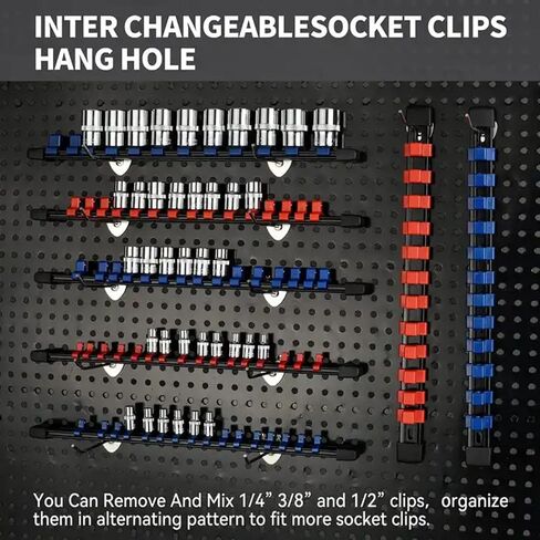 Socket Organizer 9Pcs Socket Holder Kit 1/4 inch, 3/8 inch And 1/2 inch Heavy Duty Socket Racks Premium Quality Socket Clip Rail Holder Tool Organizers (Black, Blue & Red) in Saudi Arabia