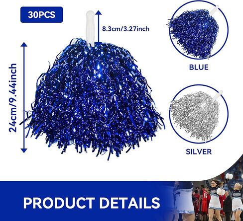 30 قطعة من كرات التشجيع من رقائق معدنية معدنية مع مقبض بلاستيكي، كرات تشجيع باللون الأزرق والفضي لفريق الرياضة والحفلات الراقصة in Kuwait