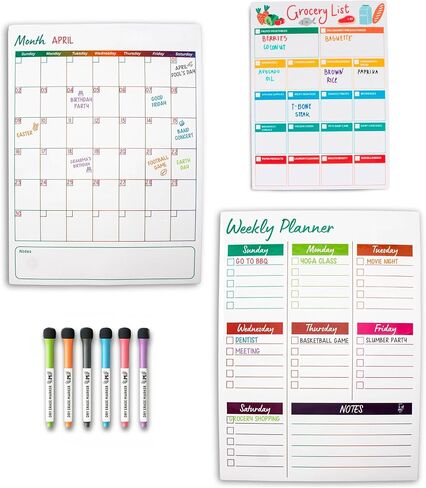 Magnetic Calendar for Fridge Set of 3 17"x13" Fridge Calendar Dry Erase, Weekly Planner Magnetic Fridge to-do List Family Calendar | Includes 6 Dry Erase Pens by Mommy Marvel in Saudi Arabia