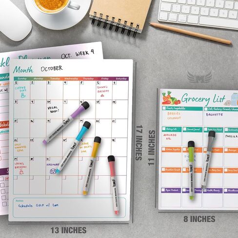 Magnetic Calendar for Fridge Set of 3 17"x13" Fridge Calendar Dry Erase, Weekly Planner Magnetic Fridge to-do List Family Calendar | Includes 6 Dry Erase Pens by Mommy Marvel in Saudi Arabia