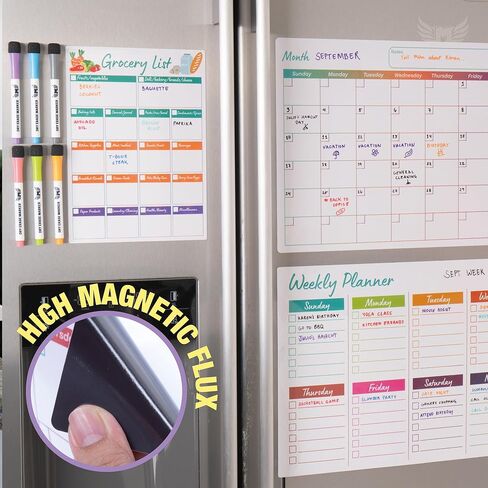 Magnetic Calendar for Fridge Set of 3 17"x13" Fridge Calendar Dry Erase, Weekly Planner Magnetic Fridge to-do List Family Calendar | Includes 6 Dry Erase Pens by Mommy Marvel in Saudi Arabia