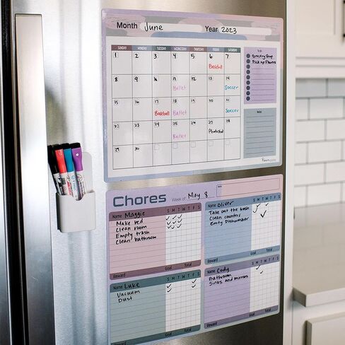 Chore Chart | Dry Erase Chores Chart for Kids and Adults with Magnetic Fridge Calendar | Up to 4 Names on Chore Chart for Kids Multiple Kids | Calendar has Room for Lists and Magnetic Marker Holder in Saudi Arabia