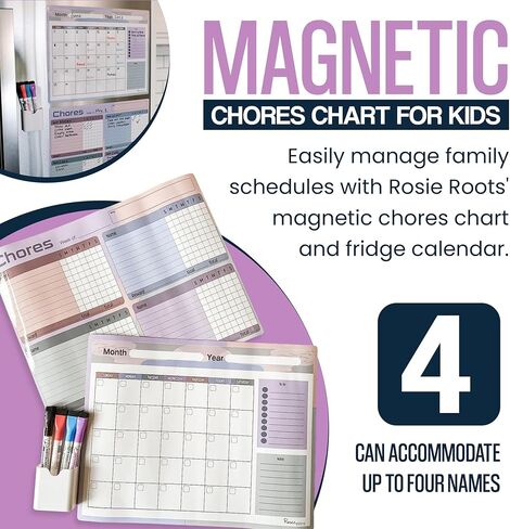 Chore Chart | Dry Erase Chores Chart for Kids and Adults with Magnetic Fridge Calendar | Up to 4 Names on Chore Chart for Kids Multiple Kids | Calendar has Room for Lists and Magnetic Marker Holder in Saudi Arabia