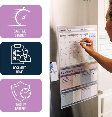Chore Chart | Dry Erase Chores Chart for Kids and Adults with Magnetic Fridge Calendar | Up to 4 Names on Chore Chart for Kids Multiple Kids | Calendar has Room for Lists and Magnetic Marker Holder in Saudi Arabia