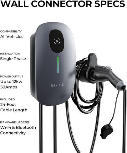 MAXOAK Electric Vehicle Charger - Adjustable 16A to 50A Output Current, Level 2, 240V, Hardwired, CSA Certified & NEMA Type 4, Smart APP Control, Compatible with All EV Brands in Kuwait