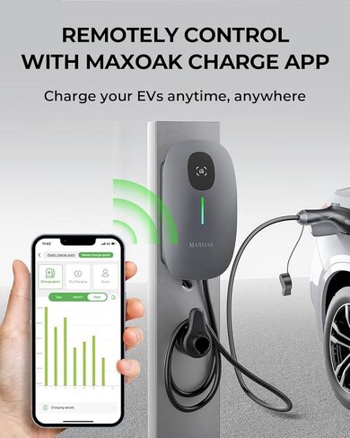 MAXOAK Electric Vehicle Charger - Adjustable 16A to 50A Output Current, Level 2, 240V, Hardwired, CSA Certified & NEMA Type 4, Smart APP Control, Compatible with All EV Brands in Kuwait