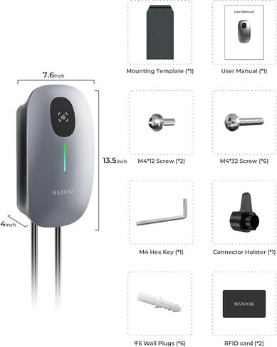 MAXOAK Electric Vehicle Charger - Adjustable 16A to 50A Output Current, Level 2, 240V, Hardwired, CSA Certified & NEMA Type 4, Smart APP Control, Compatible with All EV Brands in Kuwait