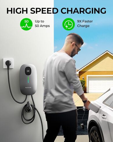 MAXOAK Electric Vehicle Charger - Adjustable 16A to 50A Output Current, Level 2, 240V, Hardwired, CSA Certified & NEMA Type 4, Smart APP Control, Compatible with All EV Brands in Kuwait