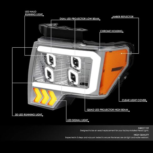 DNA MOTORING HL-OH-F1509-CH-AM استبدال المصابيح الأمامية الكروم العنبر متوافق مع 09-14 F-150 in Kuwait