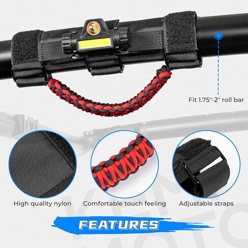 kemimoto UTV Roll Bar Grab Handle with Dome Light, Fits 1.75-2 inch Roll Bar Compatible with Polaris Slingshot RZR Ranger Can Am X3 Kawasaki Pioneer Talon Wildcat, 1 Pack Paracord Handle Grip Red in Saudi Arabia