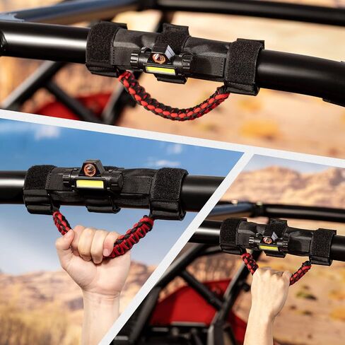 kemimoto UTV Roll Bar Grab Handle with Dome Light, Fits 1.75-2 inch Roll Bar Compatible with Polaris Slingshot RZR Ranger Can Am X3 Kawasaki Pioneer Talon Wildcat, 1 Pack Paracord Handle Grip Red in Saudi Arabia