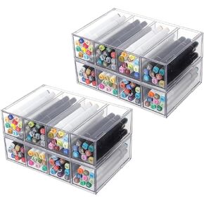 Yesesion 4 Pack Clear Office Supplies Organizer Drawer for Desk, Stackable Marker Pen and Pencil Holder with Adjustable Compartment, Large Desk Accessories Storage Box for Art Crafts, Stationery