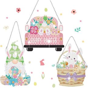 Sintuff 3 PCS 5D Easter Diamond Painting Kits Hanging Easter Bunny DIY Round Diamond Art Kits Gnome Diamond Painting Kits for Art Attens Beginners DIY Home Wall