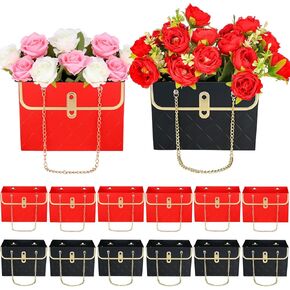VAIPI 16 Pcs Flower Paper Gift Boxes Floral Paper Gift Bags for Bouquets Storage Bucket Florist Bags Portable Flower Wrap Box for Valentines Mothers Day Wedding Party Gift Package (Pink Black)