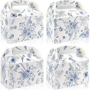 24 Pack Blue Floral Party Cardboard Treat Box with Handles Blue Floral Birthday Party Favor Boxes with Chinoiserie Floral Printed Goody Treat Boxes for Wedding Tea Bridal Shower Birthday Supplies
