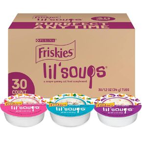 Purina Friskies Grain Free Wet Cat Food Lickable Cat Treats Variety Pack, Lil' Soups With Salmon, Tuna or Shrimp - (Pack of 30) 1.2 oz. Cups