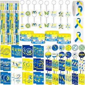 24 Sets Down Syndrome Awareness Items Include Blue Yellow Ribbon Silicone Bracelets Pin Notebook Bookmarks with Ribbon Keychain for Down Syndrome Women Men Gifts