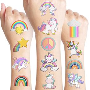 100 PCS Cute Funny Pastel Rainbow Unicorn Temporary Tattoos Sticker for Kids Rainbow Birthday Party Decorations Favors Supplies Decor Gifts Boys Girls Baby Shower Cute Fake Tattoo School Reward Themed