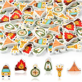 CJiangpo 60Pcs Camping Mini Erasers for Kids Bulk Cute Cartoon Tents Campfires Pencil Rubber Eraser Adventure Novelty 3D Desk Puzzle Erasers for Kids School Classroom Prizes Gifts Camping Party Favors