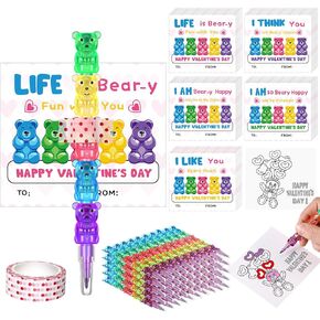 Sabary 30 Set Valentine's Day Gift for Kids Classroom Include Valentines Day Cards School Plastic Bear Pencils Kids' Pencils with Tape for Classroom School Valentine Exchange Gifts (Pencil)