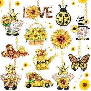 BBTO 12 Pcs Sunflower Fall Diamond Painting Keychain Kit Honeybee DIY 5d Diamond Art Key Rings Hanging Butterfly Diamond Painting Ornaments Gnomes Pendants for Christmas Thanksgiving Craft