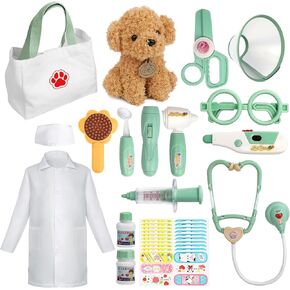 Liberry Doctor Kit for Toddlers 3 4 5 6 Years Old, 26 Pcs Kids Doctor Playset with Dog Toy, Stethoscope and Dress Up Costume, Pretend Play Medical Gift for Girls (Pink)