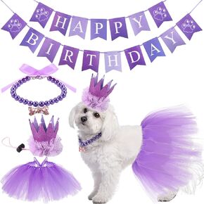 4 Pieces Dog Birthday Outfit with PET Tutu Skirt Puppy Pearl Necklace Dog Cat Crown Hat and Happy Birthday Banner for Puppy Dog Pet Cat Birthday Party Supplies