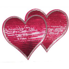 2 Decorative Heart Appliques Shiny Heart Sequins Iron on Applique Patches- Pink 6.25''