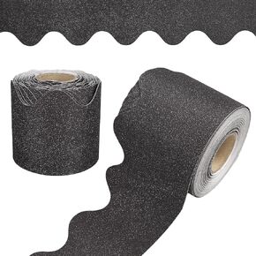 ZUFECY Black Glitter Scalloped Borders Decorative Trim, 49.21ft Bulletin Board Borders for Classroom Decoration