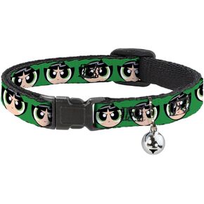 Warner Bros. Animation Cat Collar, Breakaway Collar with Bell, The Powerpuff Girls Buttercup Face Close Up Green, 8.5 to 12 Inches 0.5 Inch Wide