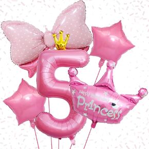 5th Birthday Decorations for Girls, Pink 5th Birthday Balloon Set with 40 Inch Pink Number 5, Large Helium Foil Mylar Crown Balloon, Pink Bow Foil Balloons for Baby Girl Daughter First Birthday Party