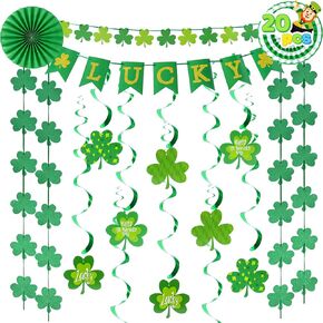 JOYIN 20 Pcs St. Patrick's Day Decorations with Irish Saint Patricks Green Shamrock Hanging Swirls, LUCKY Banner & Shamrock Banner, Decorations Party Favor