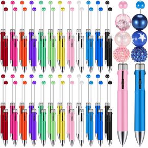 50 Pcs Plastic Beadable Pen Bulk Multicolor Pens 4 in 1 Pens Colored Bead Ballpoint Pen Beaded Pens for DIY Making Kit Students Gifts Office Back to School Teacher Rewards(Bright Color)