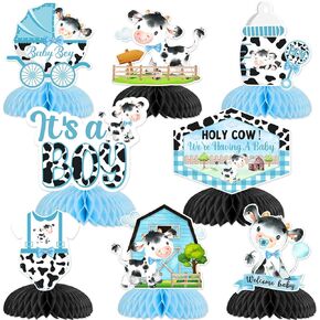 JOYMEMO 8 Pieces Cowboy Baby Shower Honeycomb Centerpieces Blue Black - Holy Cow We're Having A Baby Shower Decorations Boys, Cow Theme Its a Boy Table Toppers for Pregnancy Newborn Party