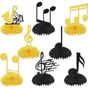 8Pcs Music Notes Honeycomb Centerpieces, Music Concert Baby Shower Supplies, Musical Notes Theme Birthday Party Decor Sign, Saxophone Notes for Music Theme Party Decorations Black & Gold