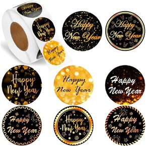 800 Pcs 2025 Happy New Year Stickers Round Black and Gold Stickers Bulk 1.38 Inch Snowflake New Year Labels Decorative Stickers for New Year Holiday Cards Envelopes Gift Boxes, 8 Designs