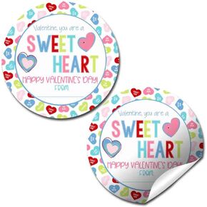 You're A Sweetheart Candy Heart Valentine Party Favor Sticker Labels for Kids, 40 2" Party Circle Stickers by AmandaCreation, Great for Classroom Valentines, Envelope Seals, More